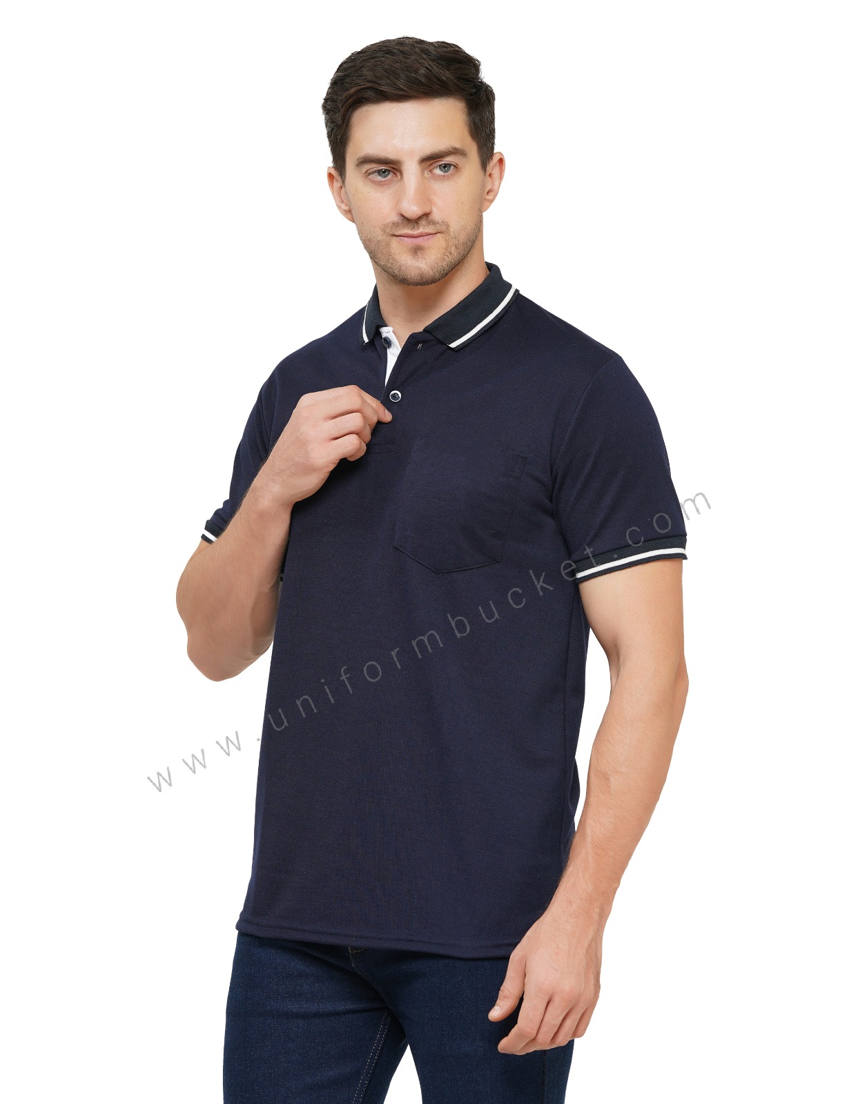 NAVY BLUE T-SHIRT WITH COLLAR & SLEEVE  WHITE TIPPING thumbnail 6